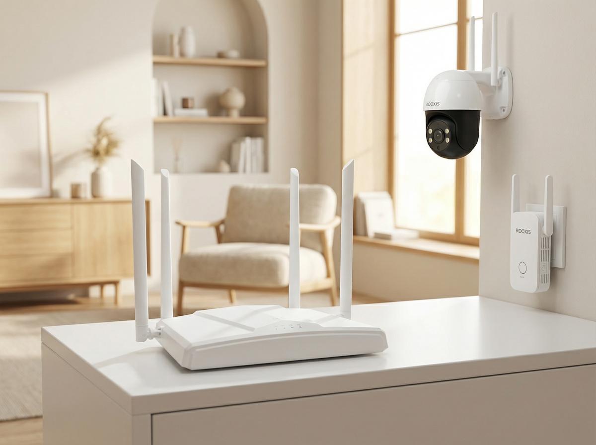 ROOXIS smart home products — WiFi router, range extender, and security camera in a modern living room