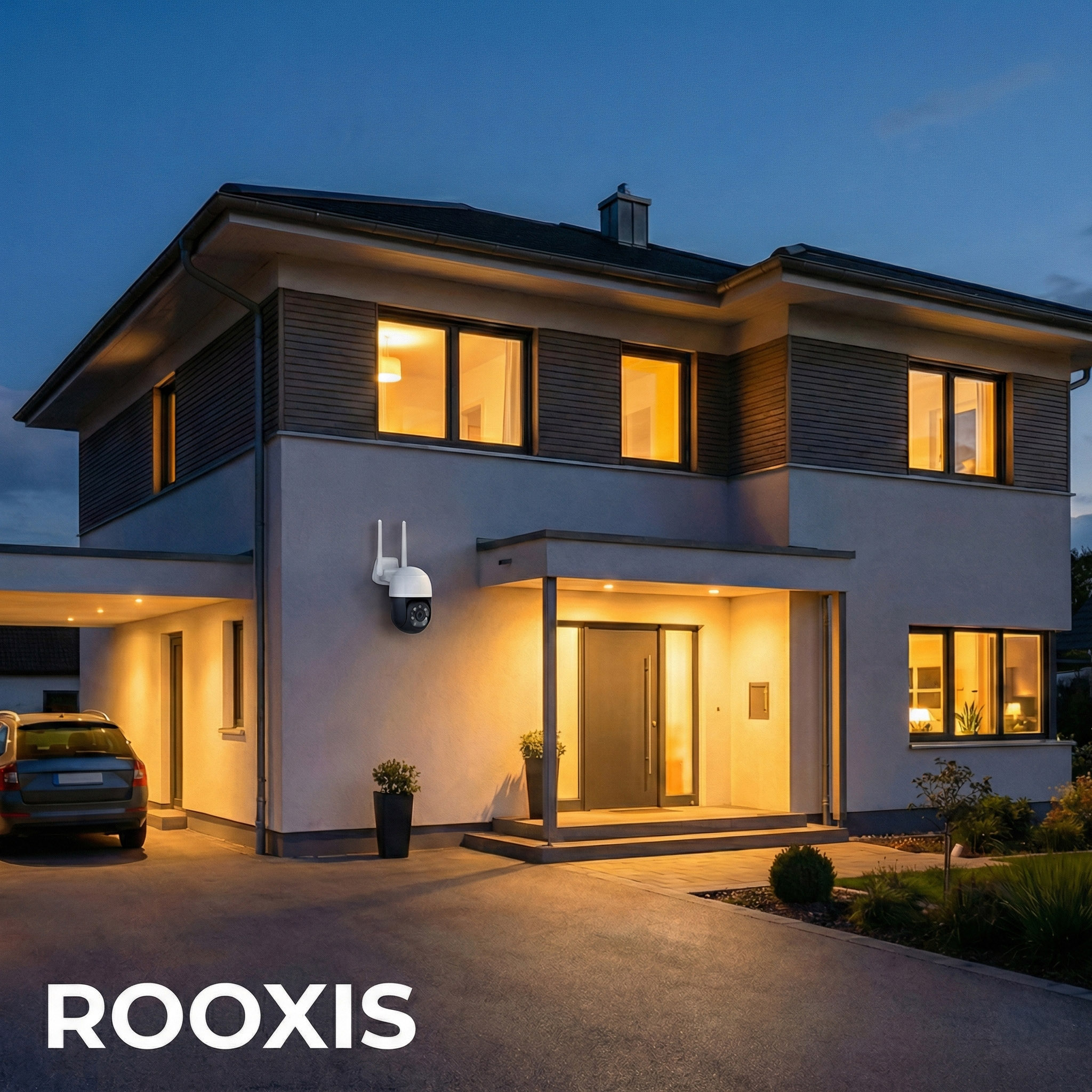 ROOXIS 3K Outdoor Security Camera mounted on modern home